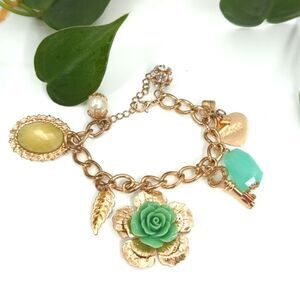 Flower Heart Pearl Charm Turquoise Gold Tone Chunky Fairy Chain Bracelet